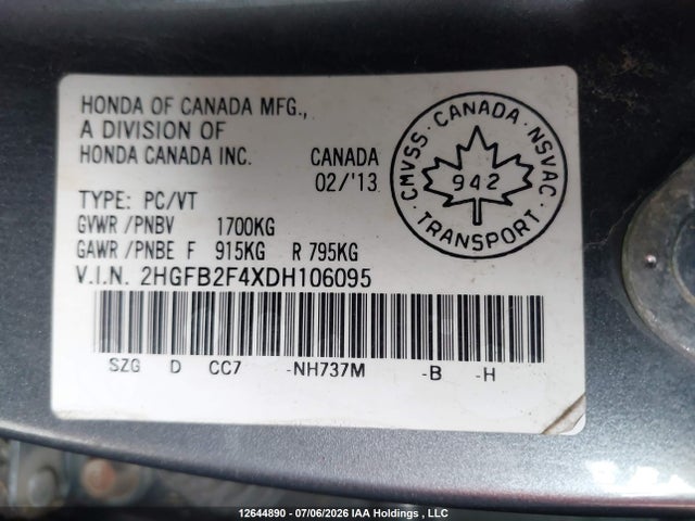 2013 Honda Civic Lx მანქანა იყიდება აუქციონზე, vin: 2HGFB2F4XDH106095, აუქციონის ნომერი: 12644890