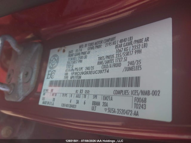 Aukcja sprzedaży 2014 Ford Escape Se, vin: 1FMCU9G93EUC39774, numer aukcji: 12651501