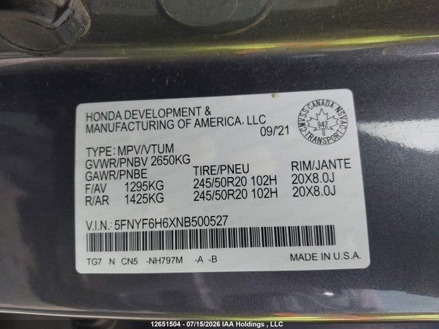 Honda Pilot Touring 2022 5FNYF6H6XNB500527 Image 18