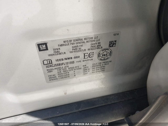 Продажа на аукционе авто 2015 Chevrolet Trax 2lt, vin: 3GNCJSSB9FL151393, номер лота: 12651507