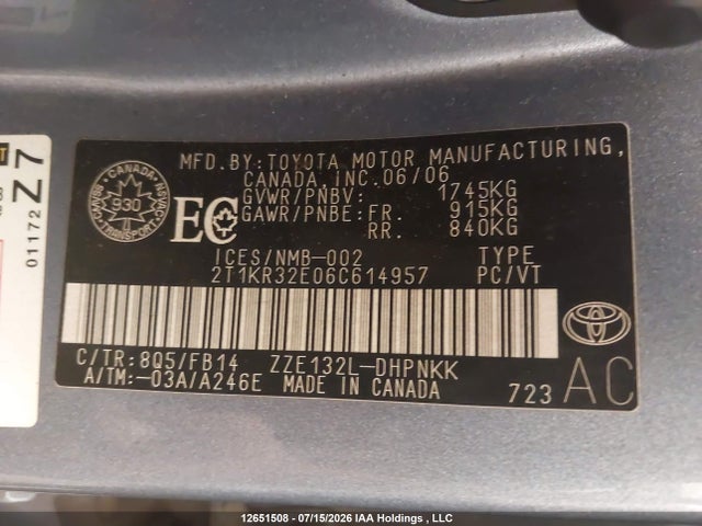 Продажа на аукционе авто 2006 Toyota Matrix Xr/xrs, vin: 2T1KR32E06C614957, номер лота: 12651508