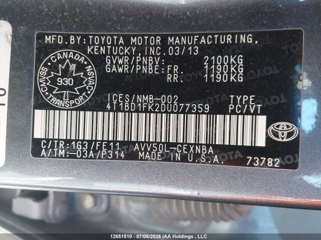 Продажа на аукционе авто 2013 Toyota Camry Hybrid/le/xle, vin: 4T1BD1FK2DU077359, номер лота: 12651510