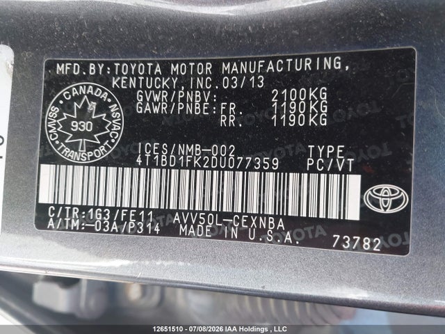 Продажа на аукционе авто 2013 Toyota Camry Hybrid/le/xle, vin: 4T1BD1FK2DU077359, номер лота: 12651510
