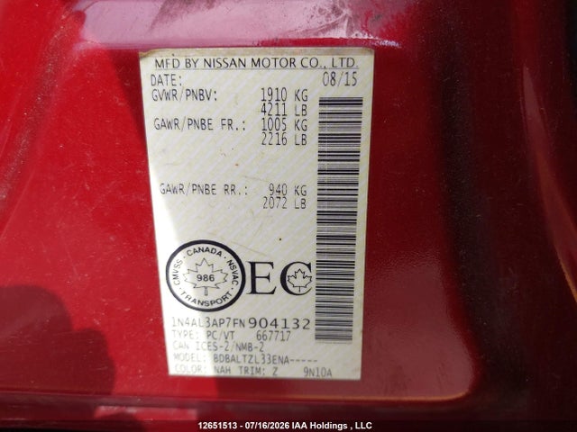 12651513 :رقم المزاد ، 1N4AL3AP7FN904132 vin ، 2015 Nissan Altima 2.5/2.5 S/2.5 Sl/2.5 Sv مزاد بيع