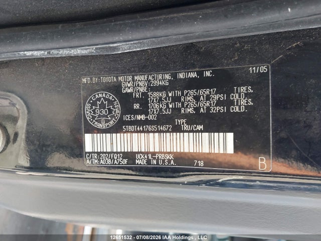 2006 Toyota Tundra Double Cab Sr5 მანქანა იყიდება აუქციონზე, vin: 5TBDT44176S514672, აუქციონის ნომერი: 12651532