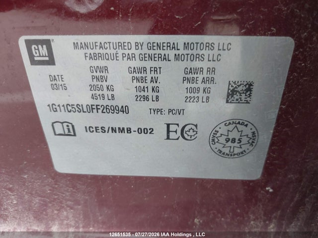Продаж на аукціоні авто 2015 Chevrolet Malibu 1lt, vin: 1G11C5SL0FF269940, номер лоту: 12651535