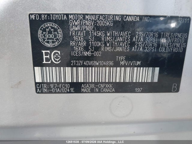 Продажа на аукционе авто 2011 Toyota Rav4, vin: 2T3ZF4DV6BW104896, номер лота: 12651538