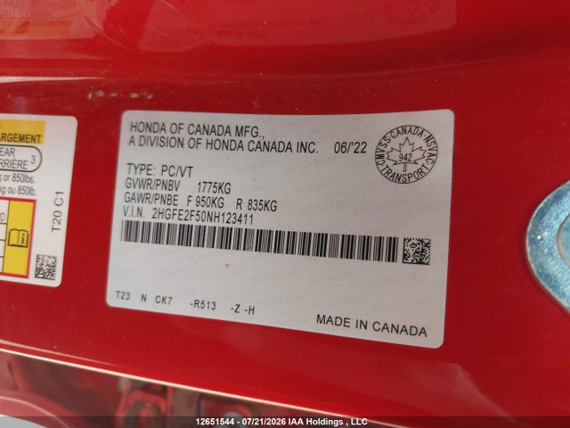 Aukcja sprzedaży 2022 Honda Civic Sport, vin: 2HGFE2F50NH123411, numer aukcji: 12651544