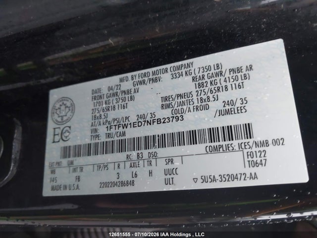 12651555 :رقم المزاد ، 1FTFW1ED7NFB23793 vin ، 2022 Ford F150 Supercrew مزاد بيع