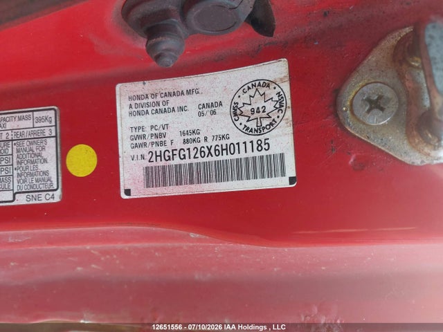 Продаж на аукціоні авто 2006 Honda Civic, vin: 2HGFG126X6H011185, номер лоту: 12651556