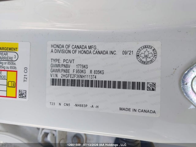 Honda CIVIC EX 2022 2HGFE2F36NH111374 Image 9