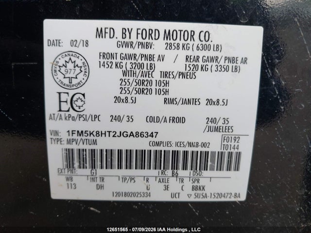 Aukcja sprzedaży 2018 Ford Explorer Platinum, vin: 1FM5K8HT2JGA86347, numer aukcji: 12651565