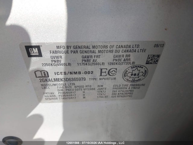 Aukcja sprzedaży 2013 Gmc Terrain Sle, vin: 2GKALMEK3D6365979, numer aukcji: 12651566