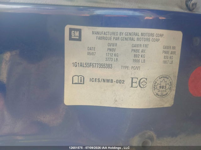 2007 Chevrolet Cobalt Lt მანქანა იყიდება აუქციონზე, vin: 1G1AL55F677355383, აუქციონის ნომერი: 12651575