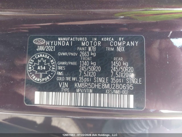 2021 Hyundai Palisade Limited მანქანა იყიდება აუქციონზე, vin: KM8R5DHE8MU280695, აუქციონის ნომერი: 12651583