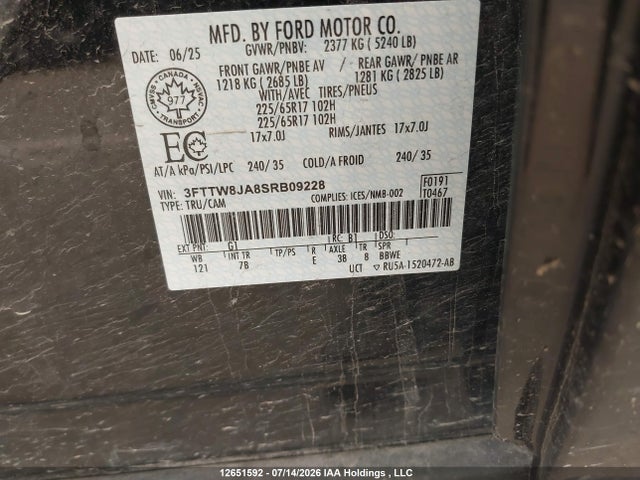 12651592 :رقم المزاد ، 3FTTW8JA8SRB09228 vin ، 2025 Ford Maverick مزاد بيع