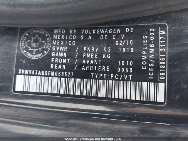 Продажа на аукционе авто 2015 Volkswagen Gti, vin: 3VWY47AU9FM068527, номер лота: 12651595