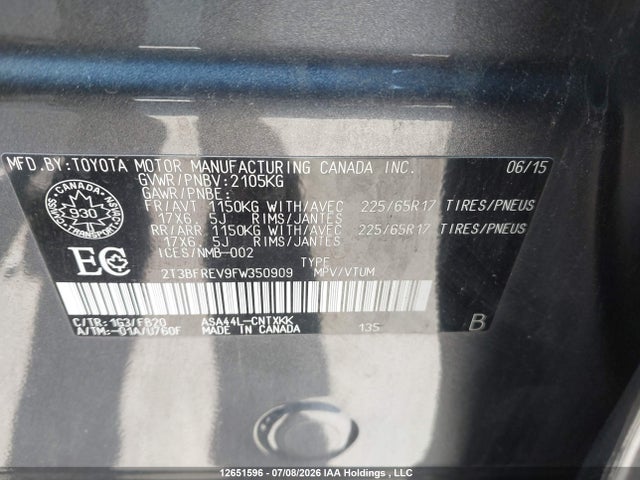 Продаж на аукціоні авто 2015 Toyota Rav4 Le, vin: 2T3BFREV9FW350909, номер лоту: 12651596