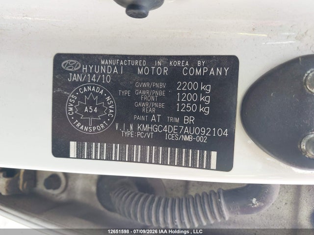 2010 Hyundai Genesis 3.8l მანქანა იყიდება აუქციონზე, vin: KMHGC4DE7AU092104, აუქციონის ნომერი: 12651598