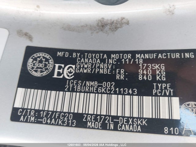 2T1BURHE6KC211343 Toyota Corolla L/le/xle/se/xse