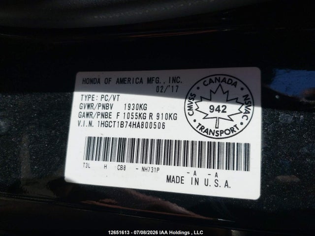 Honda ACCORD EX 2017 1HGCT1B74HA800506 Image 18