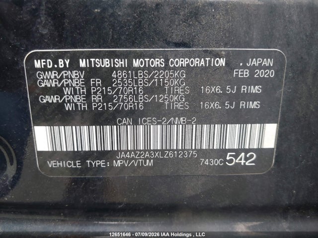 JA4AZ2A3XLZ612375 Mitsubishi Outlander Es/ex/ex-l