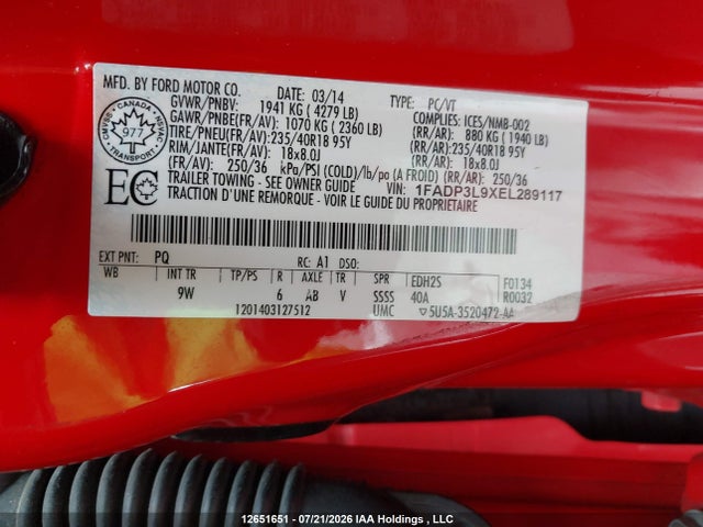 12651651 :رقم المزاد ، 1FADP3L9XEL289117 vin ، 2014 Ford Focus St St مزاد بيع