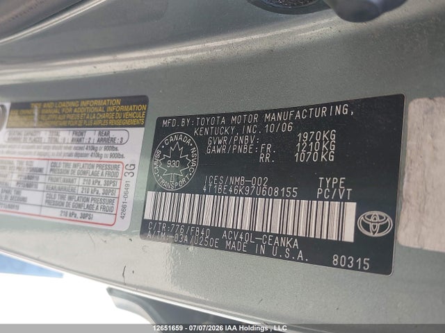 Продаж на аукціоні авто 2007 Toyota Camry Ce/le/xle/se, vin: 4T1BE46K97U608155, номер лоту: 12651659