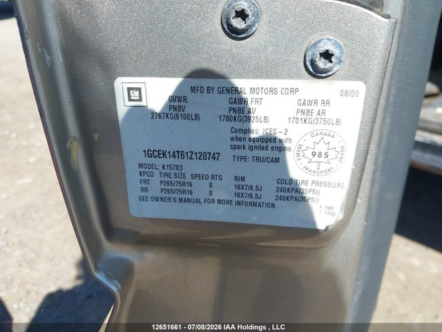 12651661 :رقم المزاد ، 1GCEK14T61Z120747 vin ، 2001 Chevrolet Silverado K1500 مزاد بيع