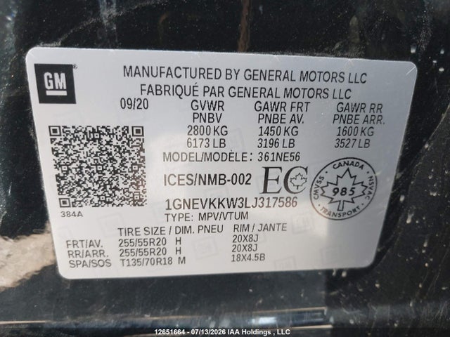 1GNEVKKW3LJ317586 Chevrolet Traverse Premier