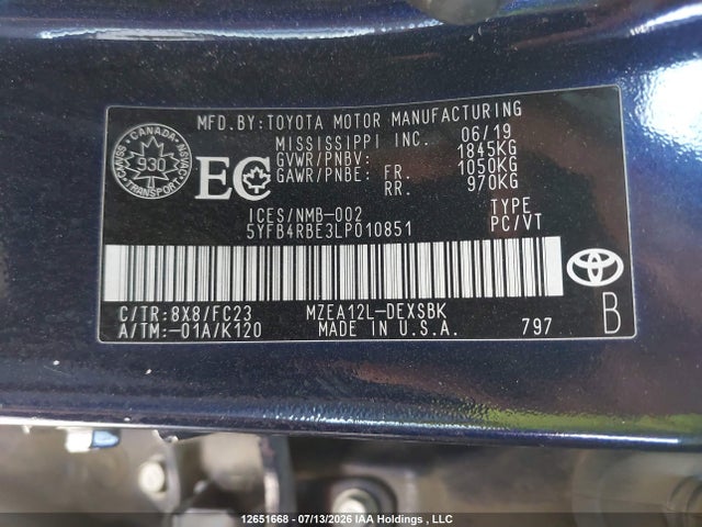 5YFB4RBE3LP010851 Toyota COROLLA SE