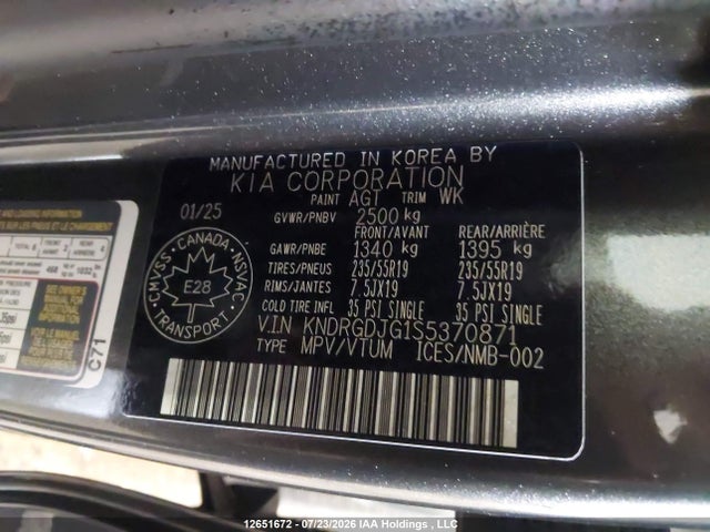 2025 Kia Sorento Ex მანქანა იყიდება აუქციონზე, vin: KNDRGDJG1S5370871, აუქციონის ნომერი: 12651672