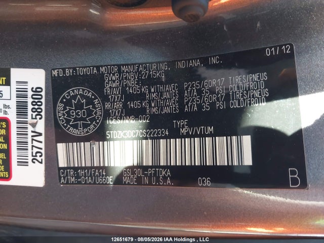 Продаж на аукціоні авто 2012 Toyota Sienna, vin: 5TDZK3DC7CS222334, номер лоту: 12651679