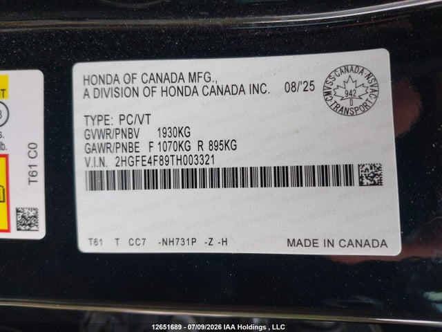 12651689 :رقم المزاد ، 2HGFE4F89TH003321 vin ، 2026 Honda Civic Sport Hybrid/sport Touring Hybrid مزاد بيع