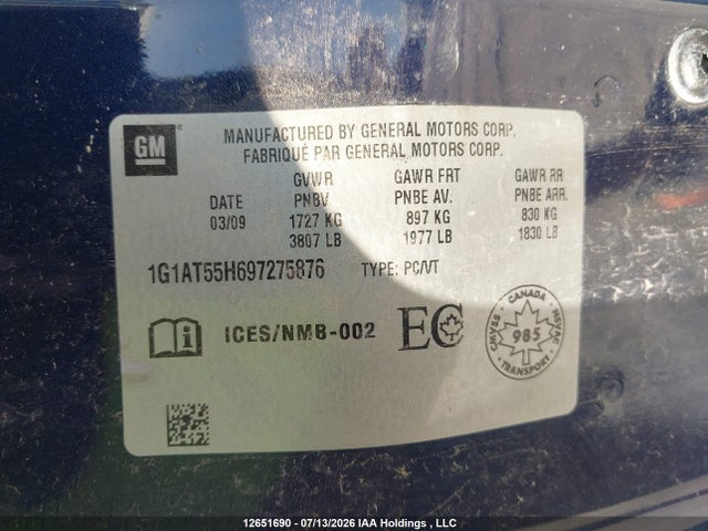 12651690 :رقم المزاد ، 1G1AT55H697275876 vin ، 2009 Chevrolet Cobalt Lt مزاد بيع