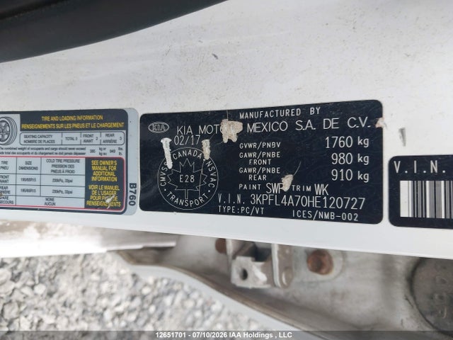 12651701 :رقم المزاد ، 3KPFL4A70HE120727 vin ، 2017 Kia Forte Ex/ex Luxury/ex+/lx/lx+ مزاد بيع
