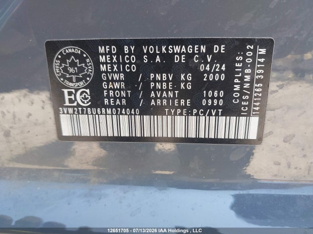 12651705 :رقم المزاد ، 3VW2T7BU6RM074040 vin ، 2024 Volkswagen Jetta Gli Autobahn مزاد بيع