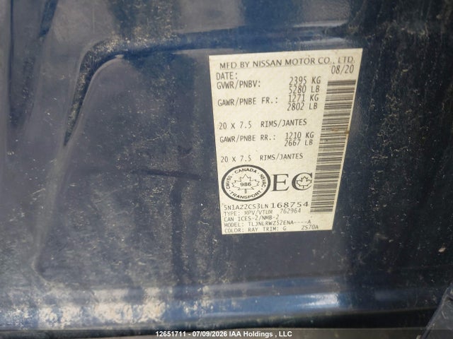 Aukcja sprzedaży 2020 Nissan Murano Sl, vin: 5N1AZ2CS3LN168754, numer aukcji: 12651711