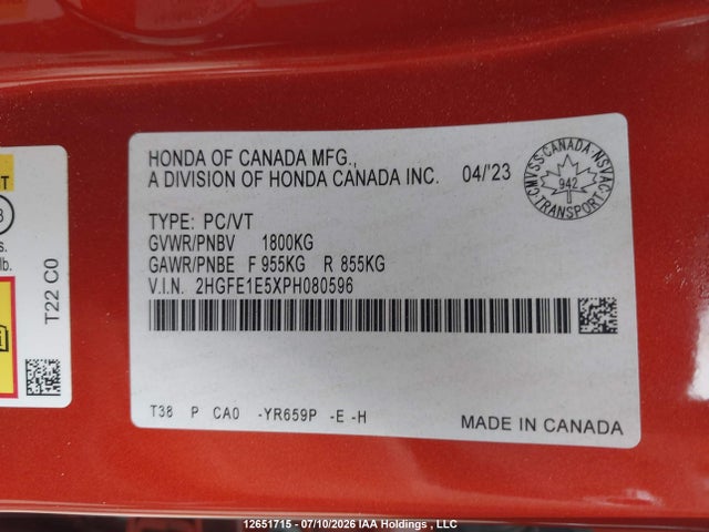 Honda Civic 2023 2HGFE1E5XPH080596 Image 9