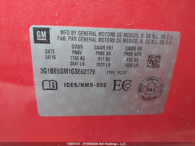 12651721 :رقم المزاد ، 3G1BE5SM1GS602179 vin ، 2016 Chevrolet Cruze مزاد بيع