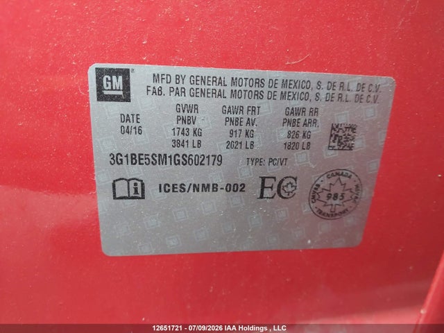 12651721 :رقم المزاد ، 3G1BE5SM1GS602179 vin ، 2016 Chevrolet Cruze مزاد بيع