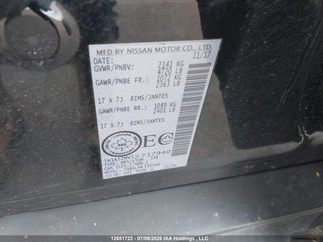 12651722 :رقم المزاد ، 5N1AT2MV3JC717940 vin ، 2018 Nissan Rogue Sv/sl مزاد بيع