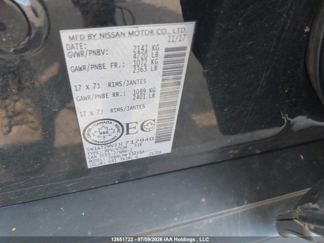 12651722 :رقم المزاد ، 5N1AT2MV3JC717940 vin ، 2018 Nissan Rogue Sv/sl مزاد بيع