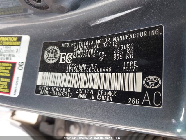 Продаж на аукціоні авто 2014 Toyota Corolla Le, vin: 2T1BURHE0EC000448, номер лоту: 12651731