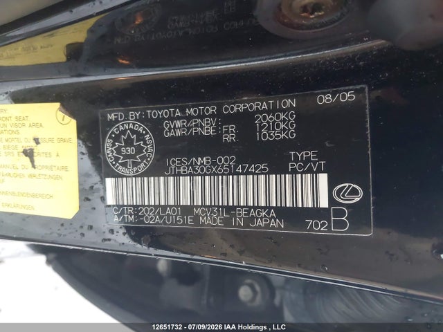 12651732 :رقم المزاد ، JTHBA30GX65147425 vin ، 2006 Lexus Es 330 مزاد بيع
