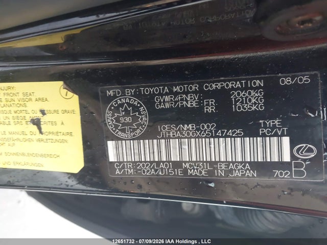 12651732 :رقم المزاد ، JTHBA30GX65147425 vin ، 2006 Lexus Es 330 مزاد بيع
