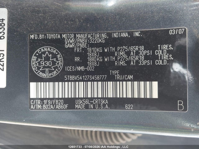 Продажа на аукционе авто 2007 Toyota Tundra Sr5 5.7l V8, vin: 5TBBV54127S458777, номер лота: 12651733