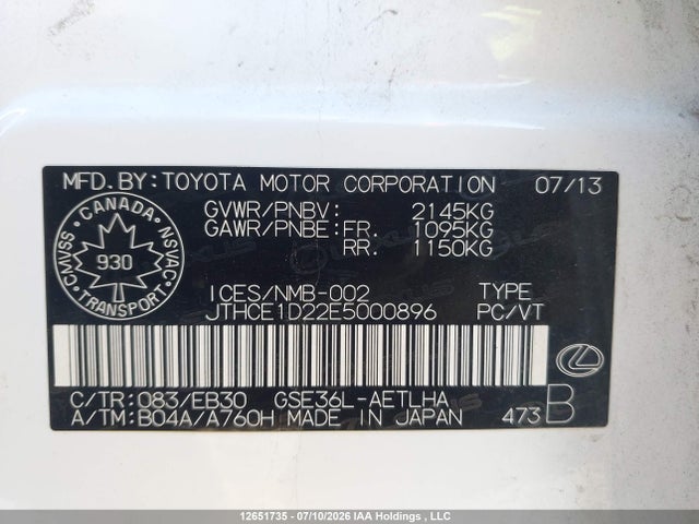 Aukcja sprzedaży 2014 Lexus Is 350, vin: JTHCE1D22E5000896, numer aukcji: 12651735