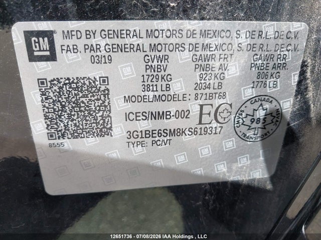 3G1BE6SM8KS619317 Chevrolet CRUZE LT