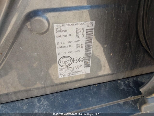 12651739 :رقم المزاد ، 5N1AT2MVXKC721100 vin ، 2019 Nissan Rogue S/sl/sv مزاد بيع